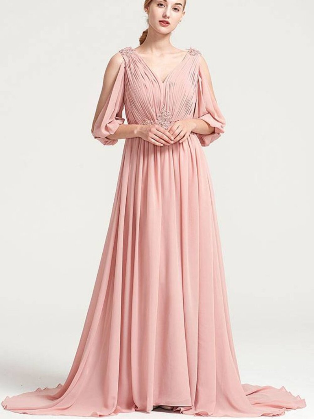 A-line/Princess V Neck 3/4 Sleeve Sweep Train Chiffon Dress With Appliqued